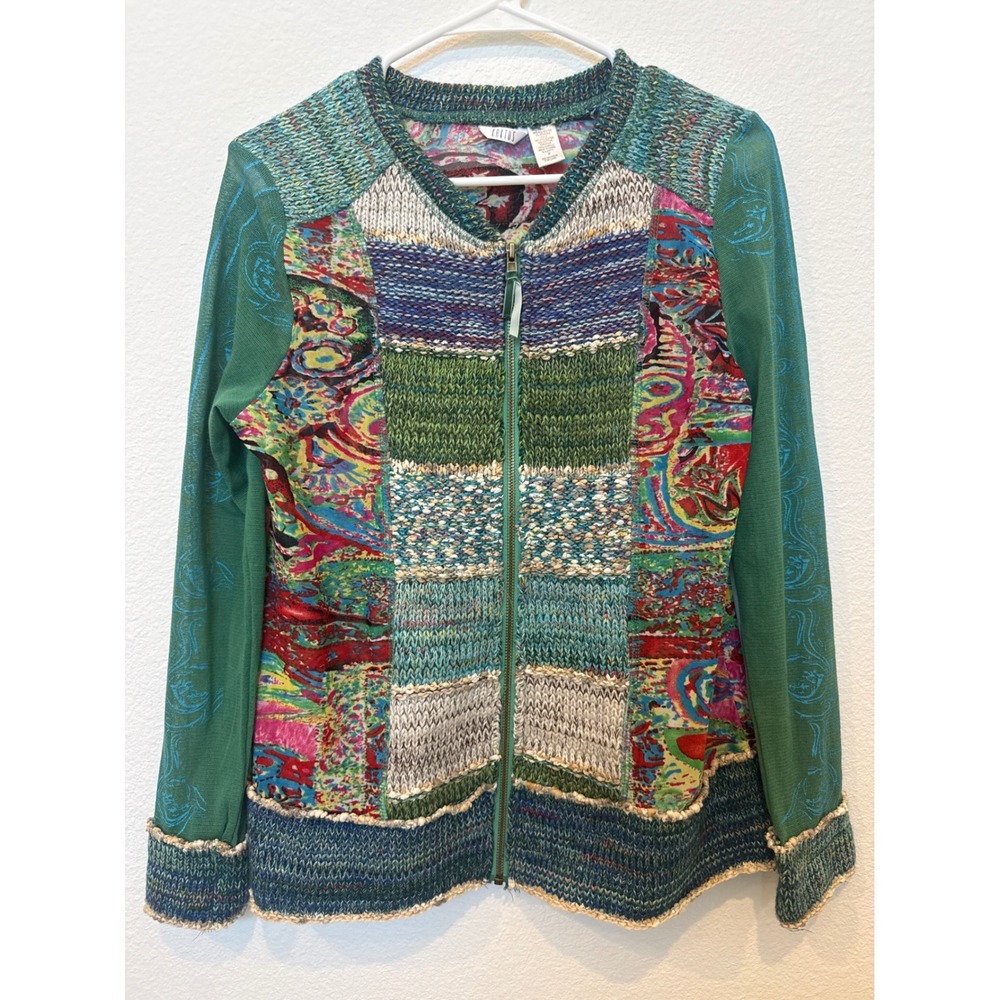 Kaktus Artsy Patchwork Zipper‎ Cardigan Sweater Teal Green Paisley Boho M